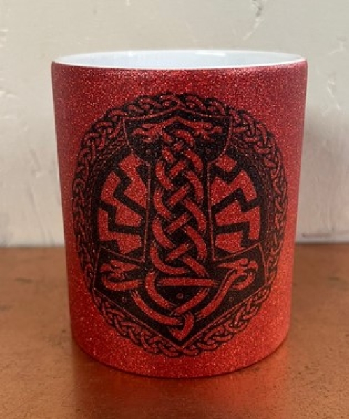 Glitzer Tasse - rot - Thors Hammer mit Schwarzer Sonne